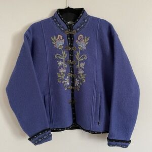 Vtg Icelandic L 100% Wool Women's Blue Floral Embroidered Sweater Jacket Nordic